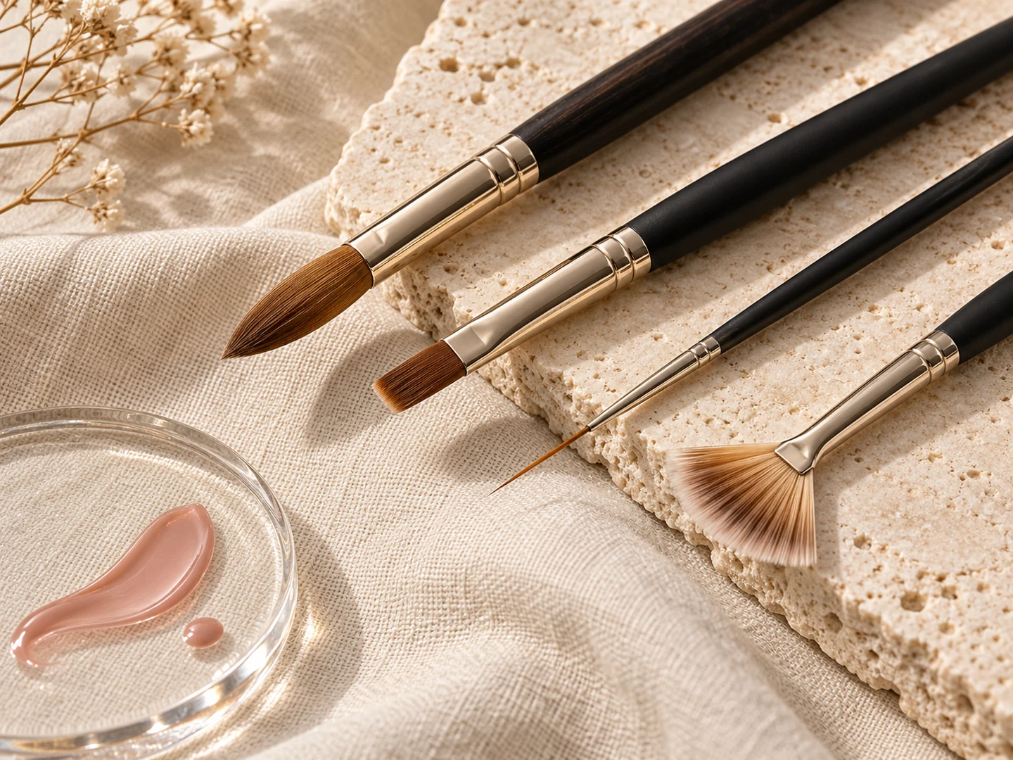 Professional gel, acrylic, liner and fan nail brushes with fine realistic bristles