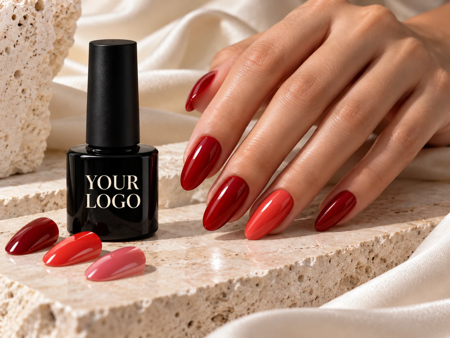 Glossy cherry-red manicure with a black gel polish bottle