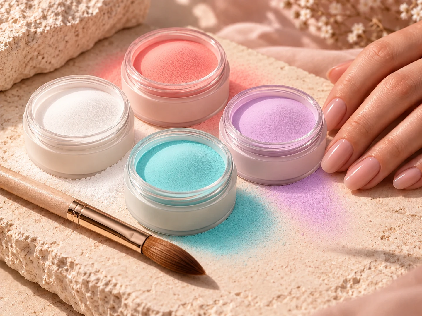 Seidig feine Acrylpuder in Korallrosa, Flieder, Türkis und Weiß mit einem professionellen Acrylpinsel