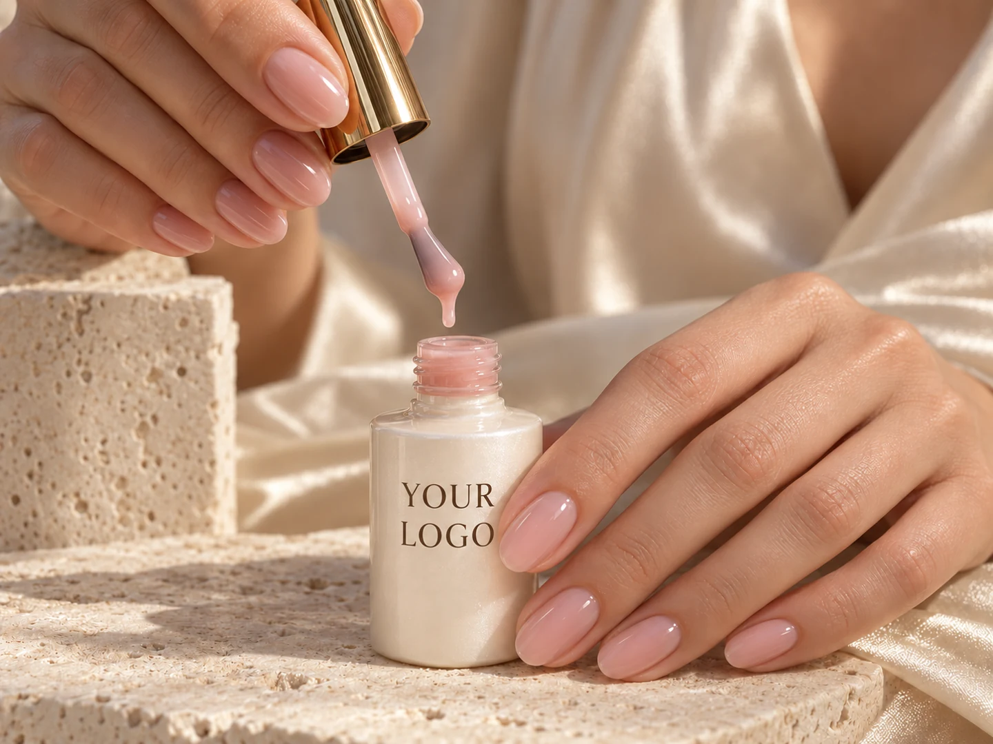 Natürlich glänzende rosa Maniküre und Rubber Gel am Flaschenpinsel